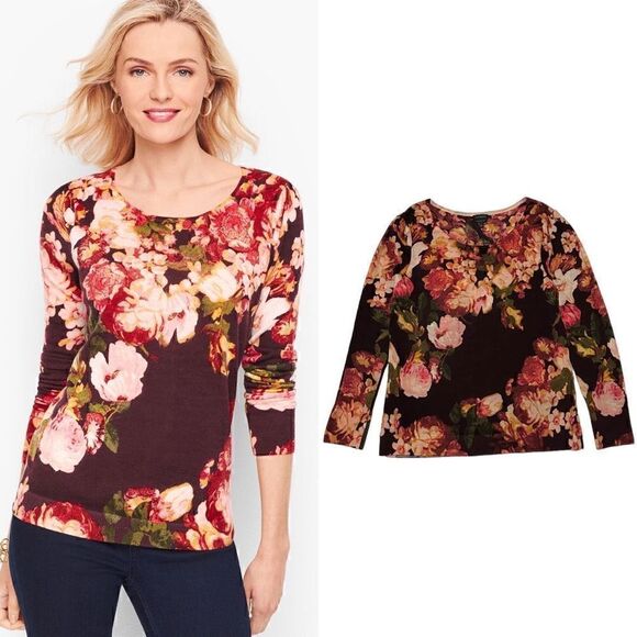 Talbots Sweaters - Talbots  Pure Merino Wool Gathered Shoulder Sweater - Burgundy Floral, S